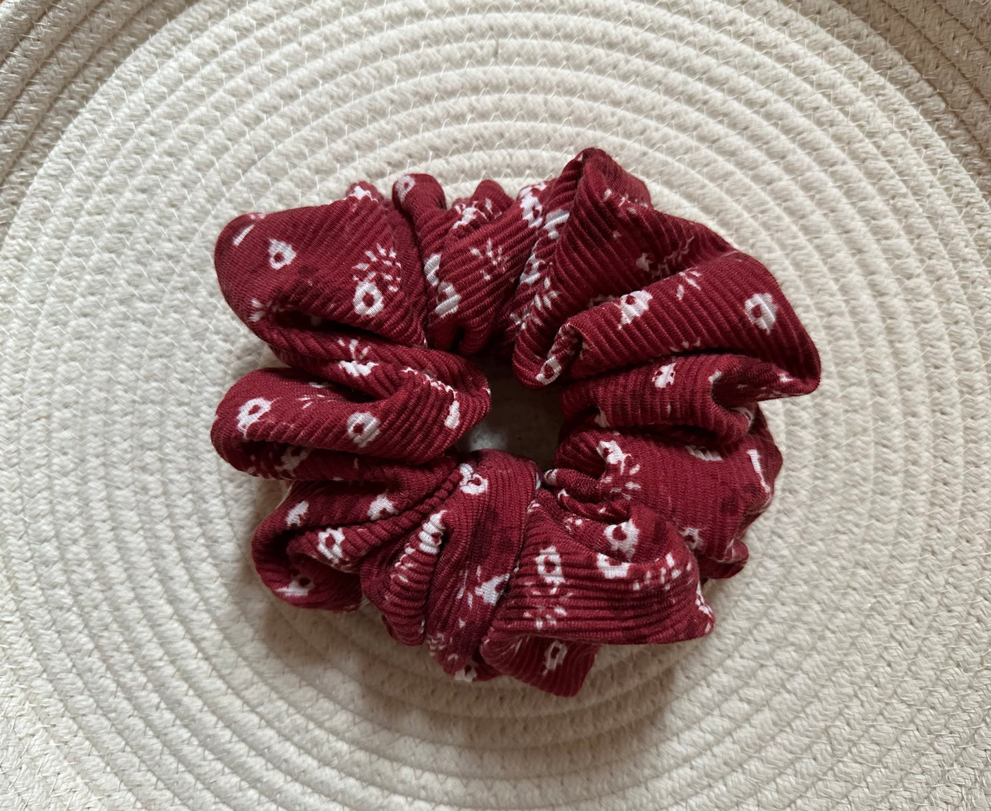 Arlene Red Floral Ribbed Knit Scrunchie