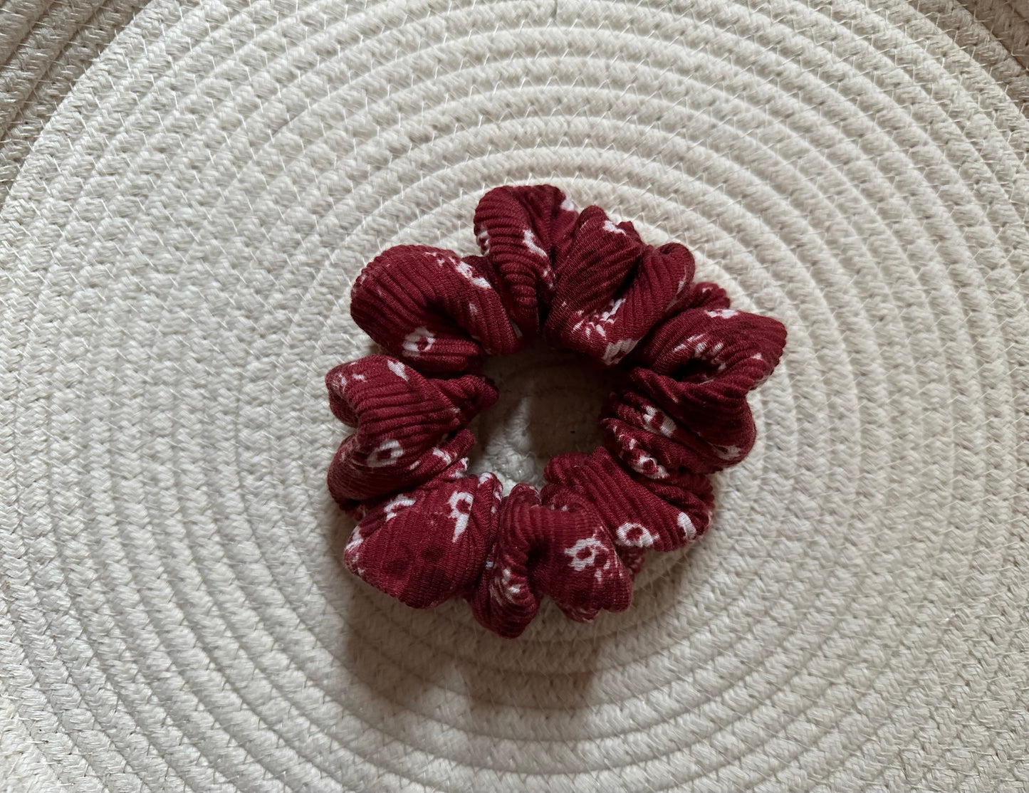 Arlene Red Floral Ribbed Knit Scrunchie