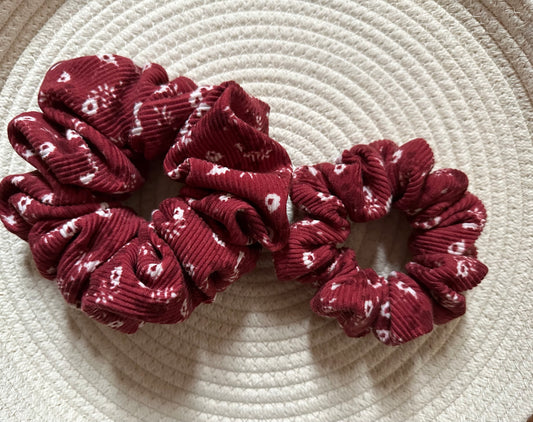 Arlene Red Floral Ribbed Knit Scrunchie