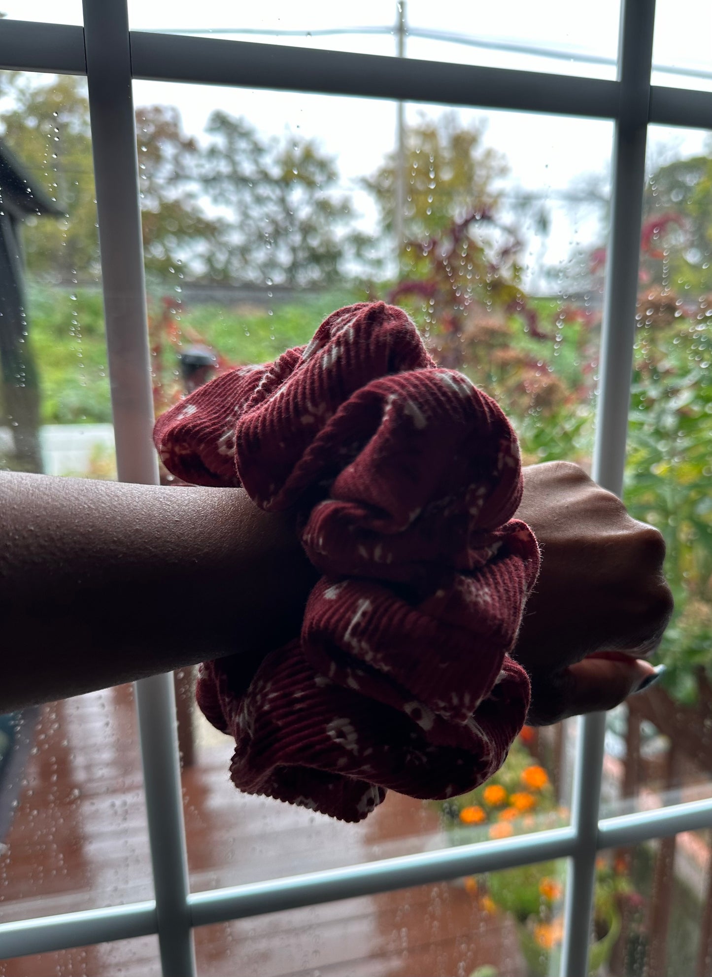 Arlene Red Floral Ribbed Knit Scrunchie