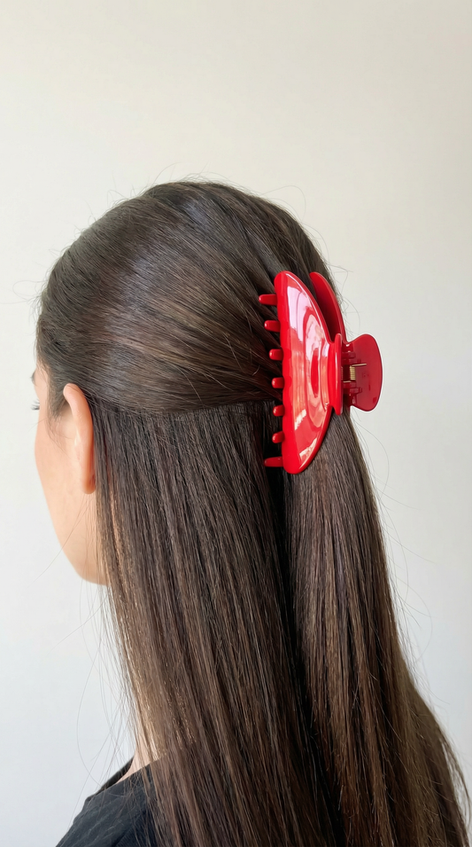 A side-profile view of a person with long, straight dark brown hair holding a half-up style with a bright red claw clip against a plain off-white background.