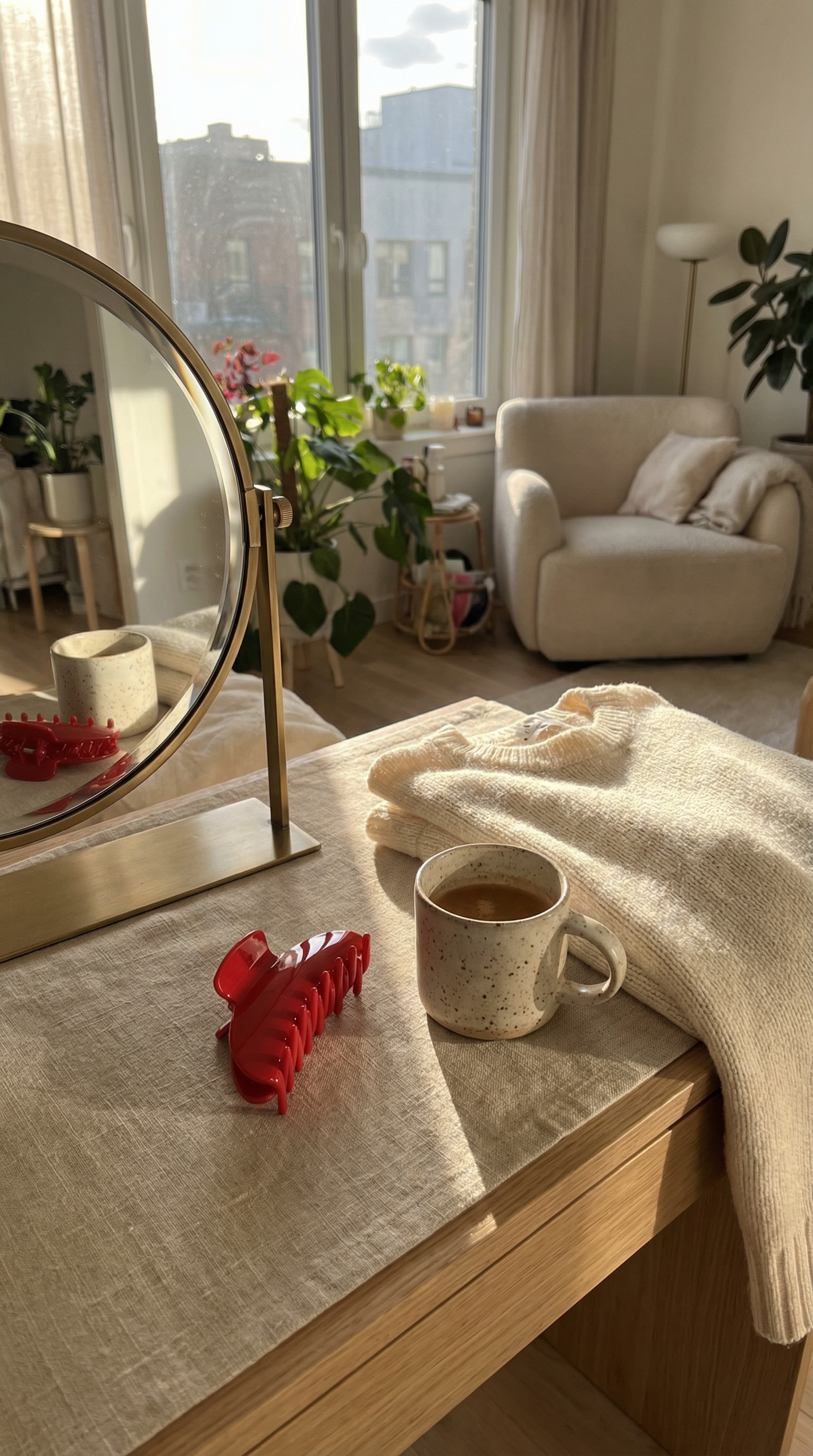 A cozy lifestyle scene in a sunlit room showing a light beige knit sweater draped over a wooden vanity table next to a red claw hair clip and a speckled mug. A round mirror reflects the room, which features a cream armchair, potted plants, and a large window.
