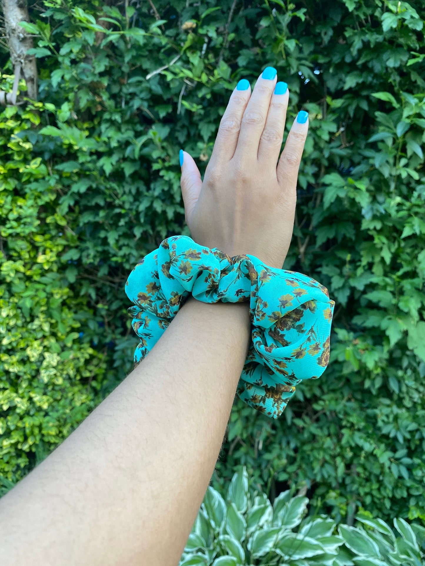 Green Floral Chiffon Scrunchie