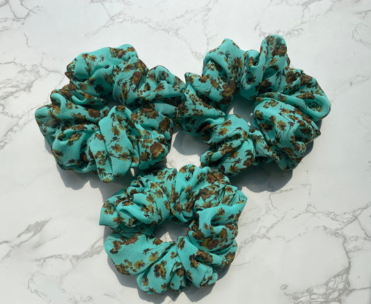 Green Floral Chiffon Scrunchie