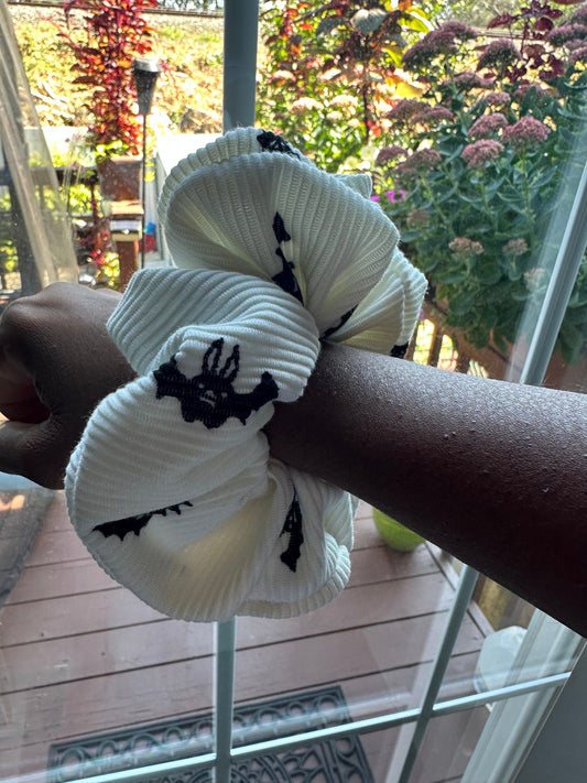 Marnie White Bat Scrunchie/Ribbed Knit Scrunchies/ XL Scrunchies/VSCO/Halloween/Hair Ties/Gifts for Her/Black Owned