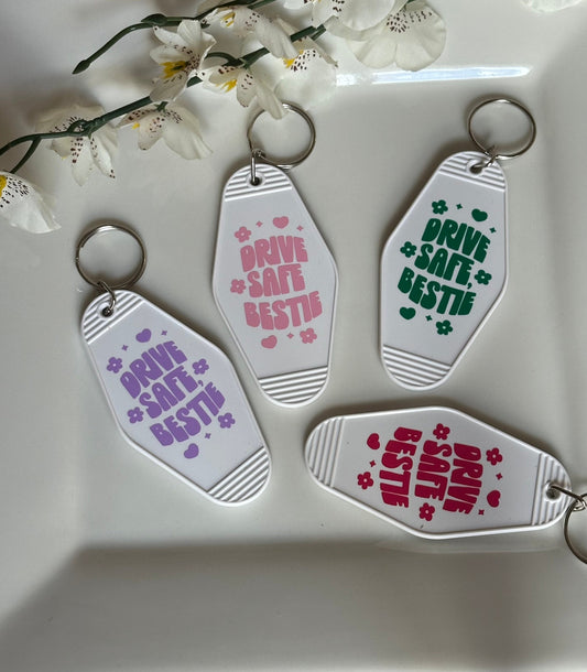 Drive Safe Bestie Retro Motel Key Chain