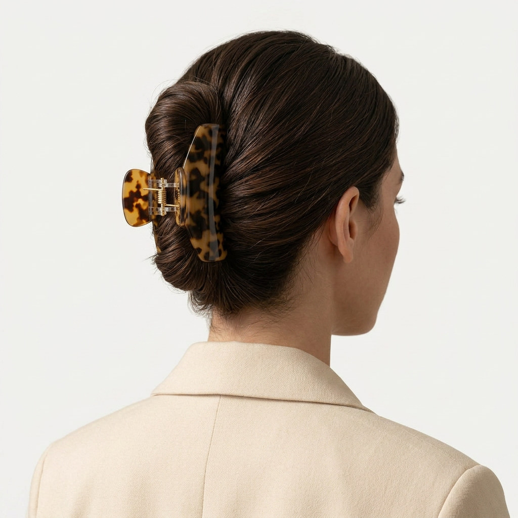 A woman shown from the back wearing a tortoiseshell hair claw clip holding her dark brown hair in a low bun, against a light gray background.